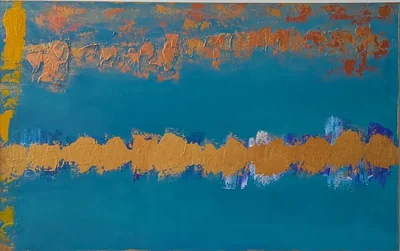 Wide blue abstract painting crossed by textured copper and gold horizontal bands.