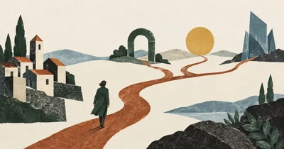 A lone figure considers branching rust-colored paths toward different abstract structures in a cream landscape.