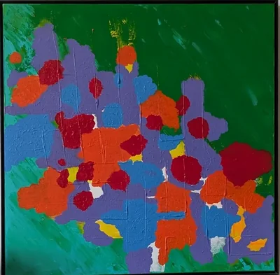 Abstract painting with purple, blue, orange, and red forms across a deep green field.