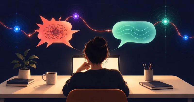 Conceptual illustration of a person pausing at a laptop beneath jagged coral and calm mint speech shapes connected by glowing nodes.