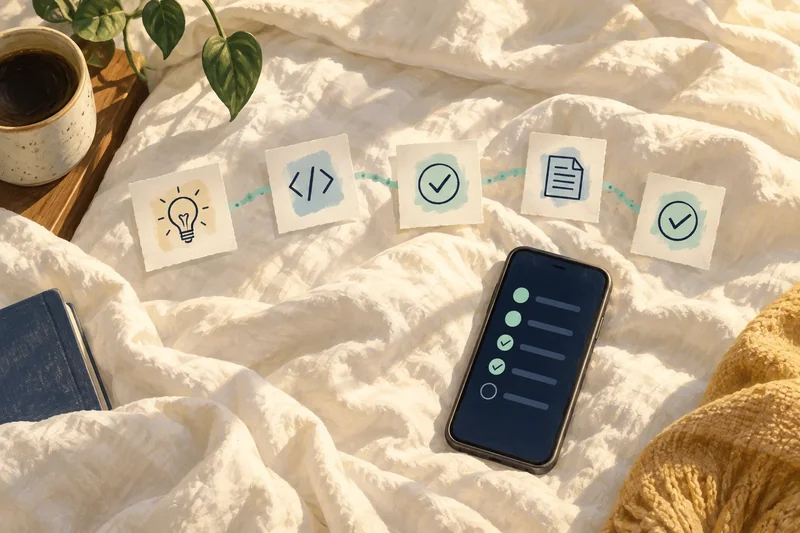 Editorial illustration of a phone beside a bed in morning light, with a handful of development task cards moving forward.