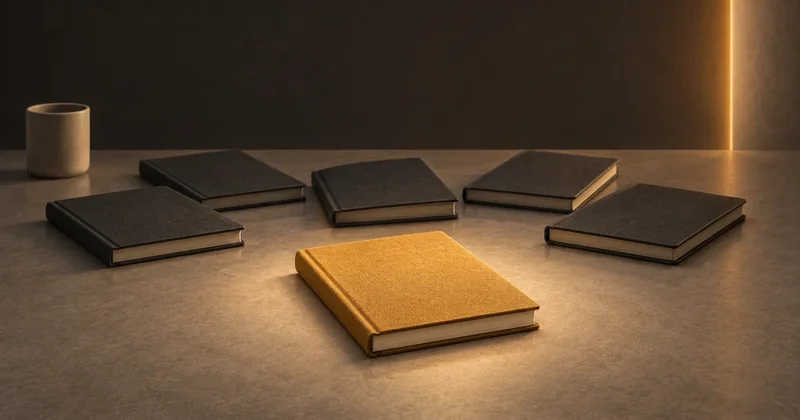 One gold clothbound notebook sits in a pool of light in front of five charcoal notebooks, a conceptual illustration of focusing on one of six projects.